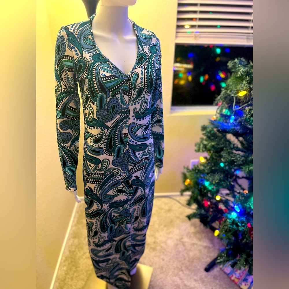 American Twist Modern Retro Green Paisley long sleeve maxi dress size XL juniors